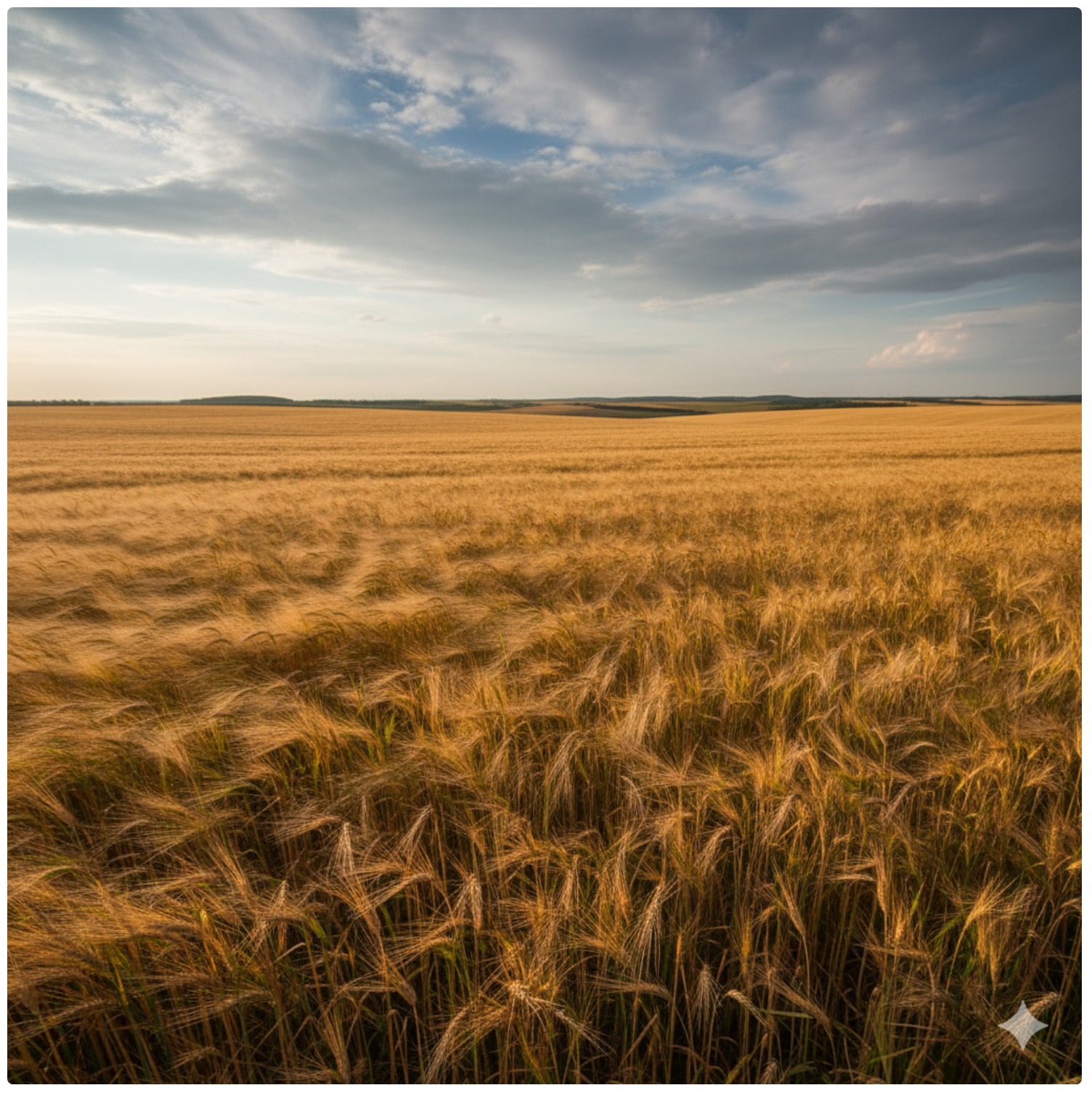 広角小麦畑と風が波を吹く。